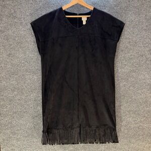 Chico's Suede Fringe Hem Shift Dress 2 (12) Black Sleeveless Boho‎ Chic Modern
